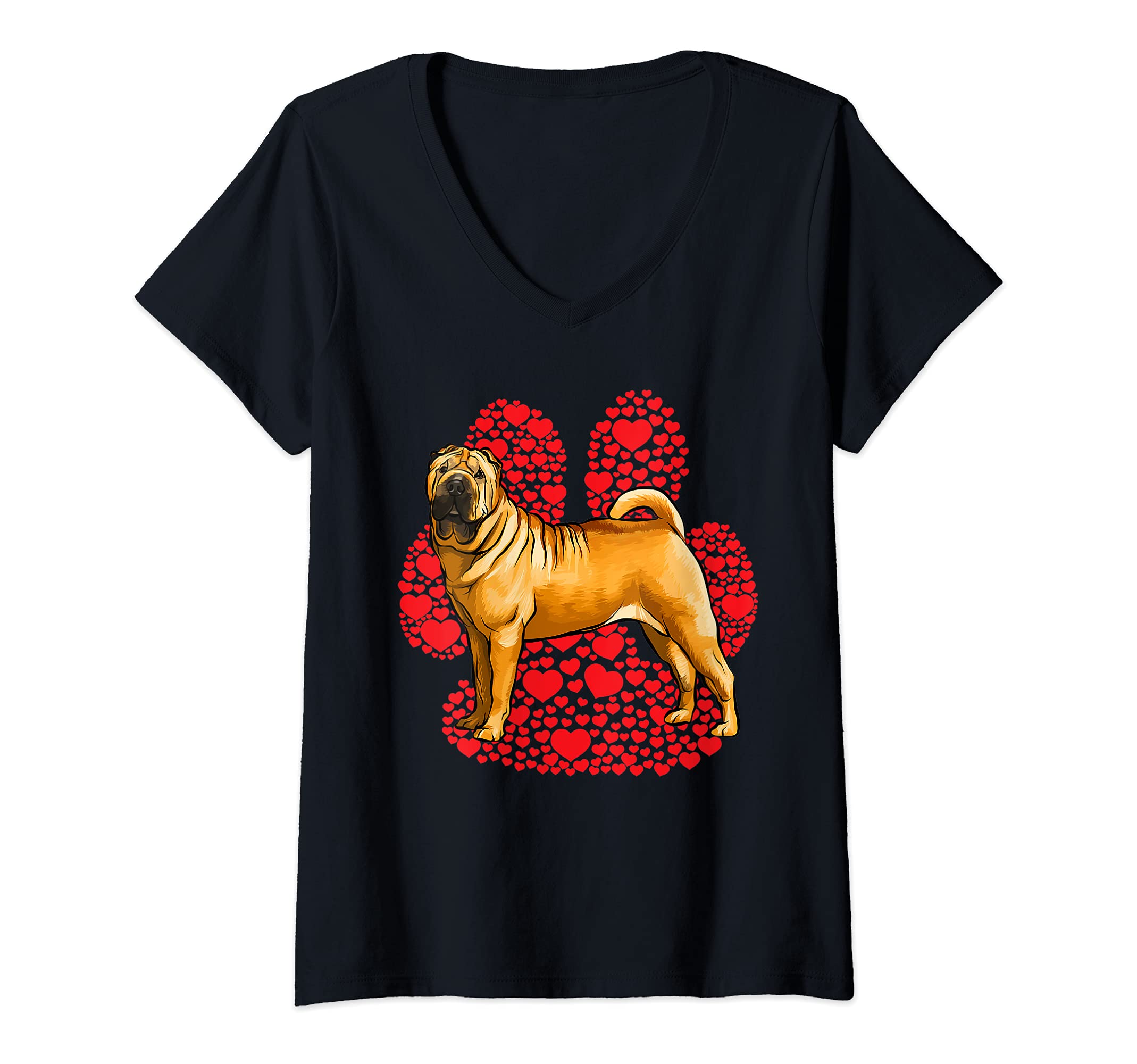 Womens Chinese Shar-Pei Valentines Day Dog Love Paw V-Neck T-Shirt