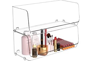 STARLATTA 2Pcs Stackable Storage Bins Open Front,Plastic Makeup Organizer for Vanity,Clear Organizer Bins, Bathroom Counter Organizer, Desk Organizers,Cabinet Organizers,Kitchen Organization