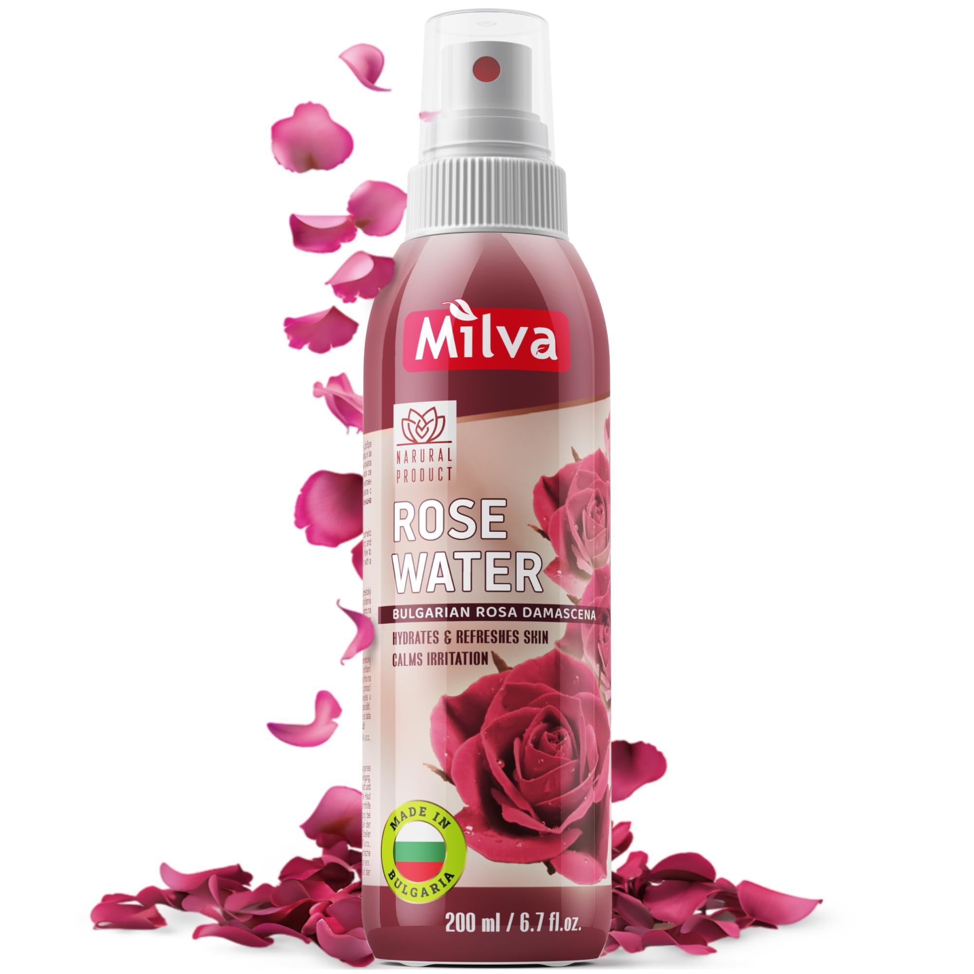 Milva Rose Water Spray with Bulgarian Rose Oil - Natural Face Mist & Hydrating Toner - Pure Rosewater for Hair, Body & Makeup Removal - Alcohol Free Cleanser, 200 ml