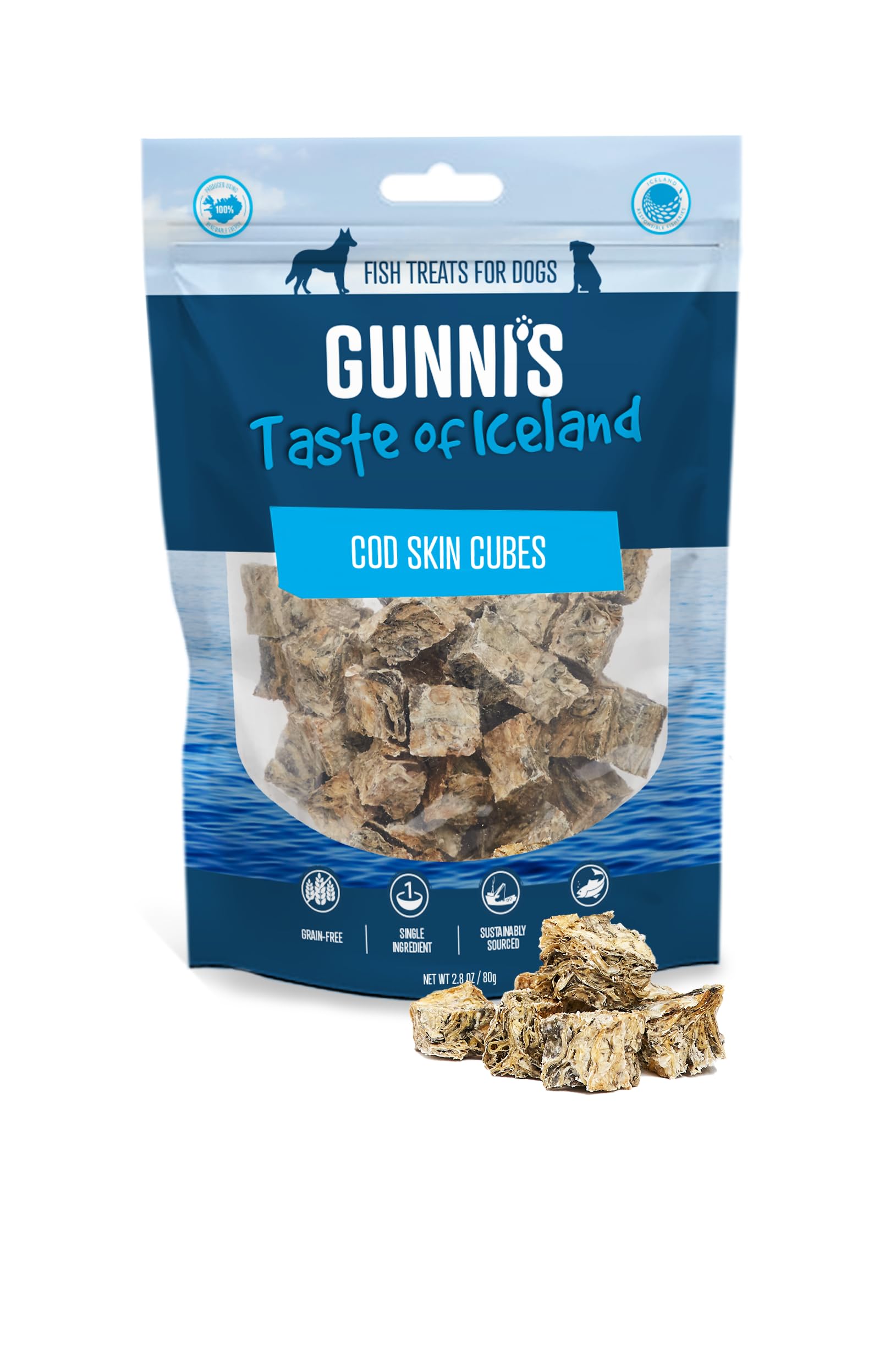 Gunni’s Cod Skin Cubes | Pure Icelandic Cod Skin crunchy chews for dogs | Traceable | MSC Certified | Sustainable | 100% Natural | Gently dried | 80g