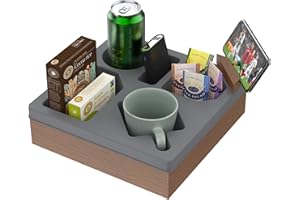 SEVKUMZ Couch Cup Holder Tray,Handy Soft Silicone Acacia Wooden Couch Caddy for Bed Car Seat Beach Organizer, Waterproof Anti-Spill Sofa Cup Holder for Snacks Beverage Remote (Gray)