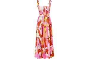 kinstell Women's Summer Boho Spaghetti Strap Square Neck Ruffle Casual Flowy Long Dress Beach Swing Party Maxi Dress