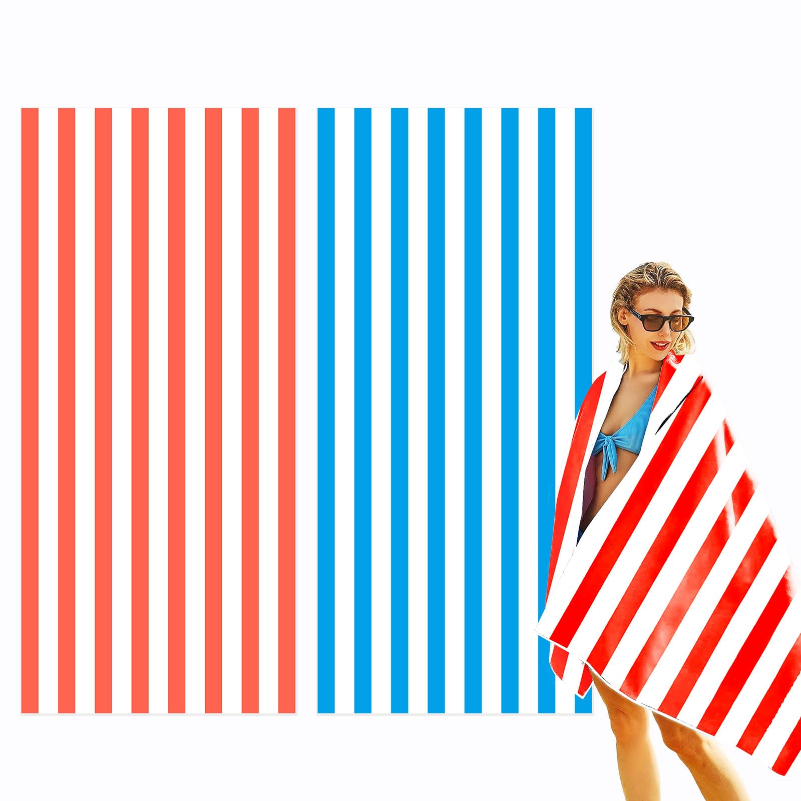 WIOSOUL 2Pack Large Beach Towels for Adults Stripes Beach Towels Microfiber Towel Lightweight Beach Towel 63"x31.5" Thin Sand Free Towels for Travel Swim Yoga Camping Adults Kids Vacation(Blue/Red)
