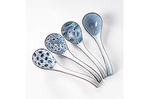 Ceramic Soup Spoons Set of 4, Ramen Spoons for Pho, Noodle, Dessert Serving Spoon Set, Japanese Asian Soup Spoon, Microwave S