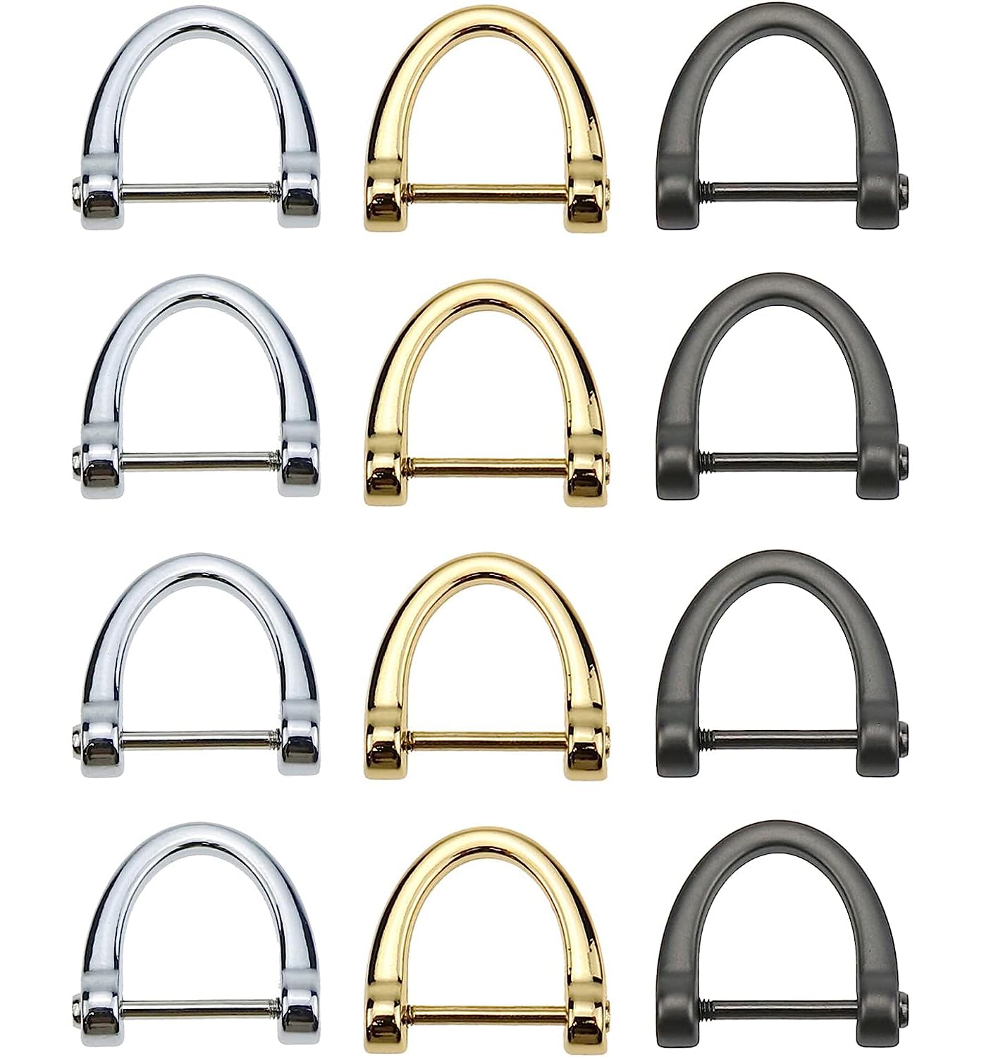 12 Pack D-Rings, Horseshoe Shape D Ring, U Shape D Rings, Screw in Shackle Semicircle D Ring, with Small Screwdriver for DIY Leather Craft Accessories, Silver Black and Gold (1x1 inches)