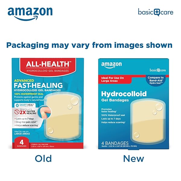 AMAZON BASIC CARE ADVANCED FAST HEALING HYDROCOLLOID GEL BANDAGES, LARGE WOUND DRESSING, 4 CT