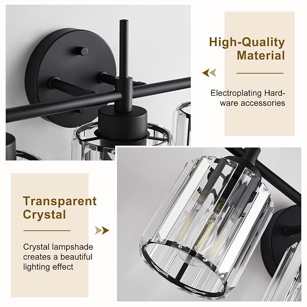 EJIAXIN 3 LIGHT BLACK CRYSTAL VANITY LIGHT, MODERN BATHROOM VANITY LIGHT OVER MIRROR, UP AND DOWN MOUNT WALL SCONCE LIGHTING FOR BATHROOM BEDROOM LIVING ROOM HALLWAY