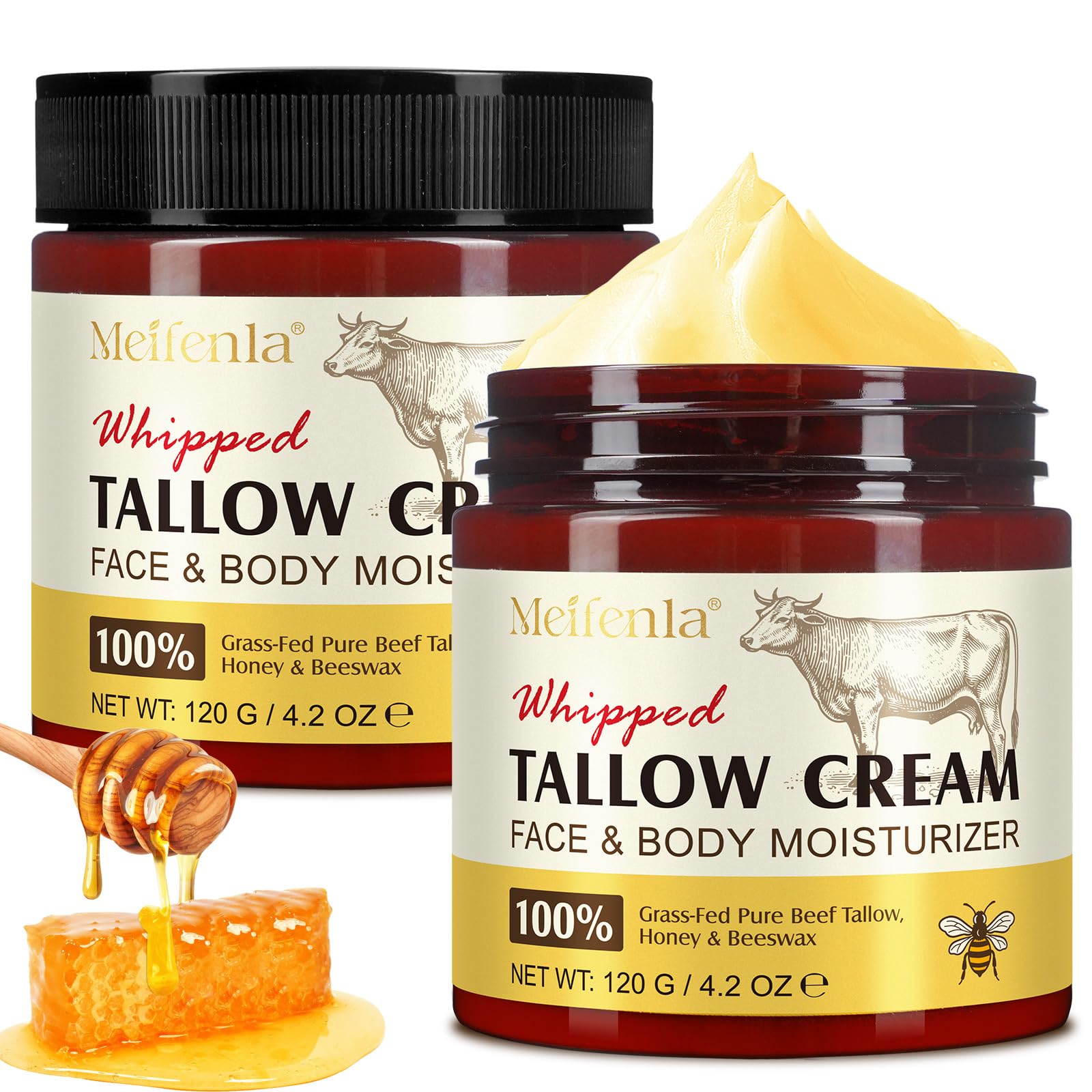 Beef Tallow Skin Care, 100% Grass Fed Beef Tallow Moisturiser for Face Body, Organic Tallow and Honey Balm, Unscented Natural Tallow Face Cream for Skin Care, Deeply Nourishing, All Skin Types 4.2 Oz