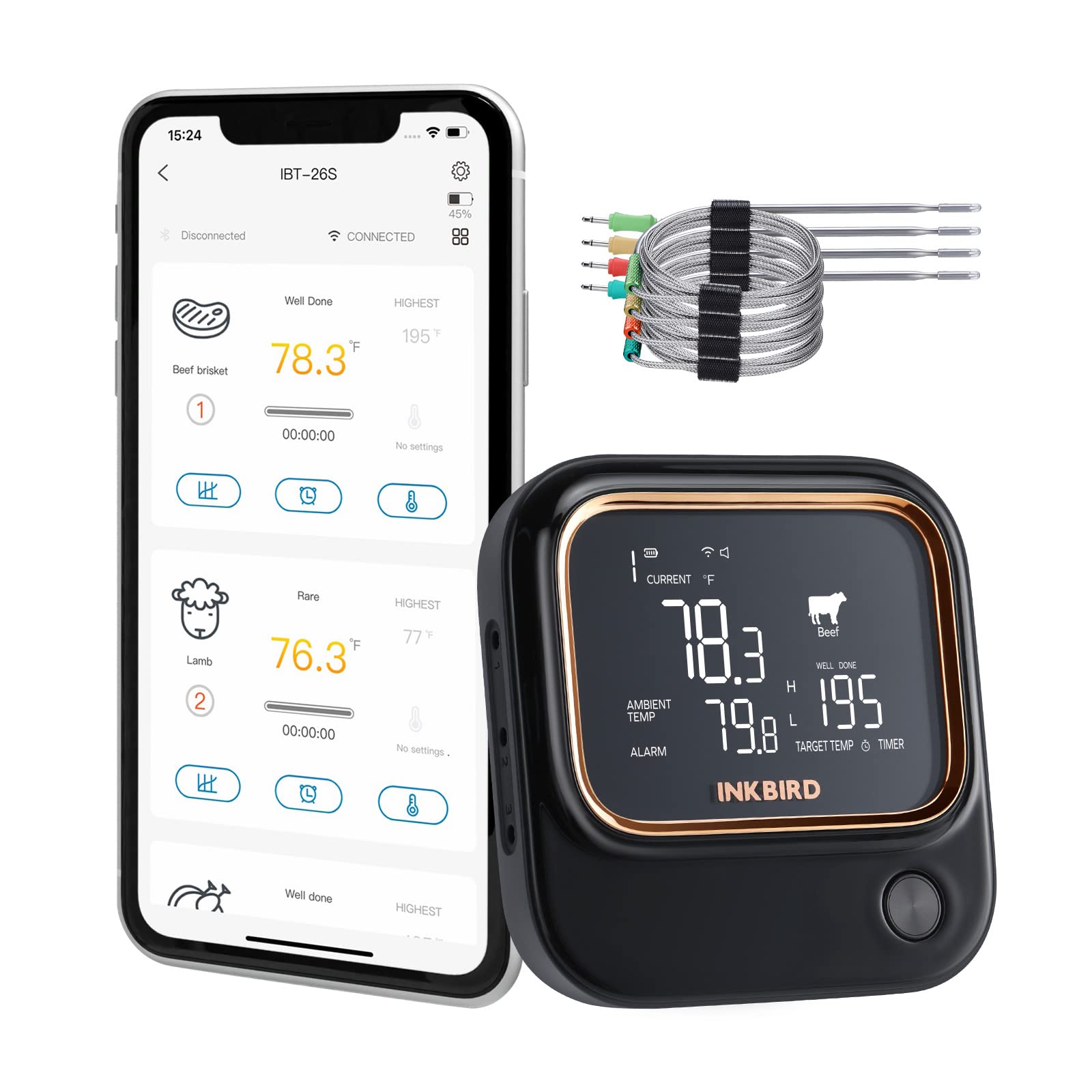 INKBIRD IBT-26S 5G Wireless Meat Thermometer, 4 Probes, WIFI 5GHz & Bluetooth 5.1, LCD Display, Rechargeable, Indoor/Outdoor, Adult