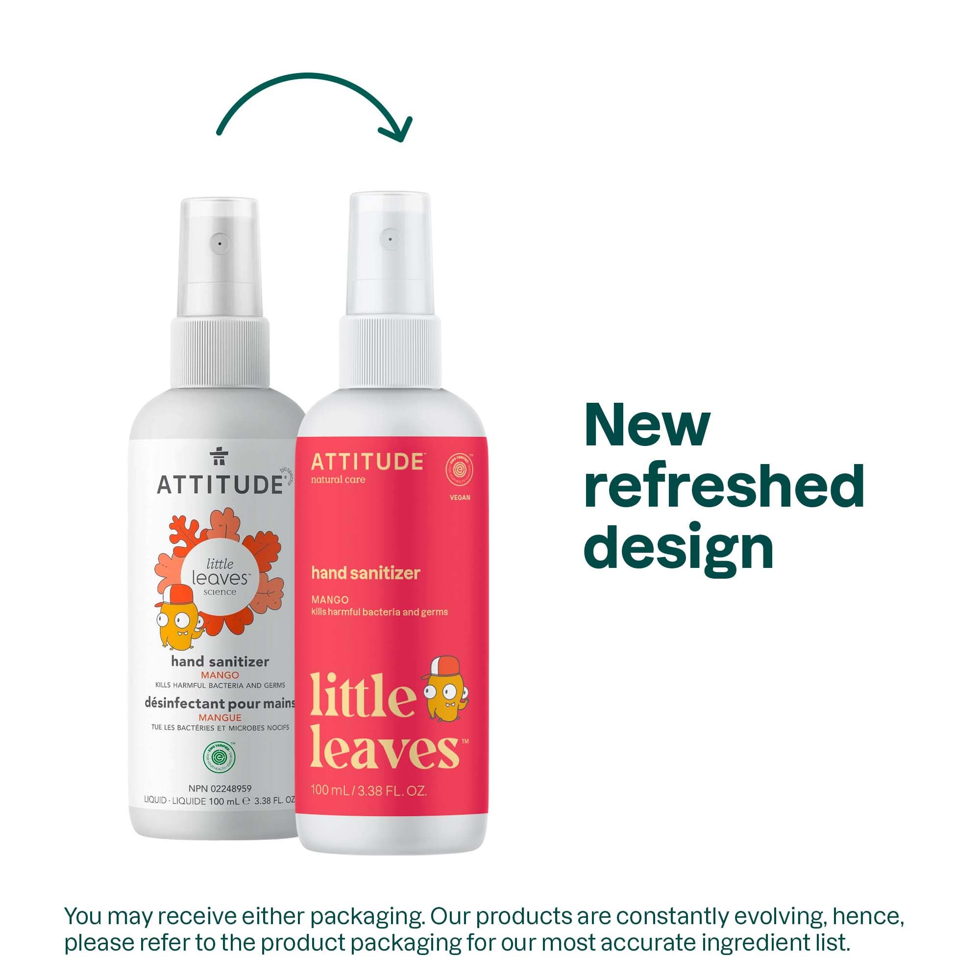 ATTITUDE Hand Sanitizer Spray for Kids & Adults, EWG Verified, Travel Size, Dermatologically Tested, Plant and Mineral Based, Vegan, Mango, 3.5 Fl Oz (Spray Bottle)