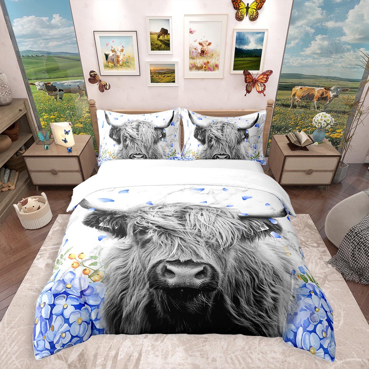 Loussiesd Highland Cow Flower Bedding Set Double Bull Cattle Duvet Cover Set for Kids Boys Girls Boho Marble Gray Beds Set Western Funny Animal Decor Bedroom Collection 3pcs
