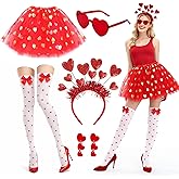 ZhouBoat Valentines Tutu Costume Accessories for Women with Heart Headband Stockings Heart Earrings Layered Tutu Skirt Glasses for 80s Cosplay Birthday Party
