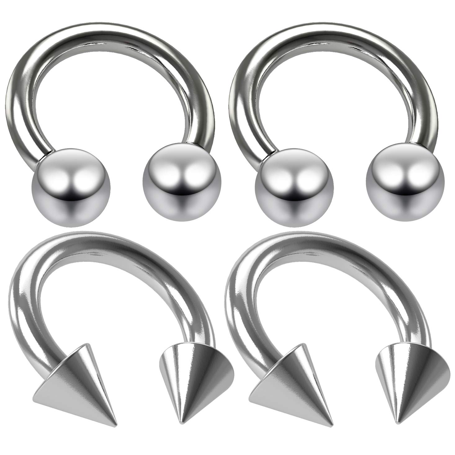 Evonix 4pc 1.2mm 16g 1.6mm Surgical Steel Circular Horseshoe Bar Earrings 16 Gauge 4mm Ball Spike Septum Earrings 6mm Eyebrow Piercing Jewellery