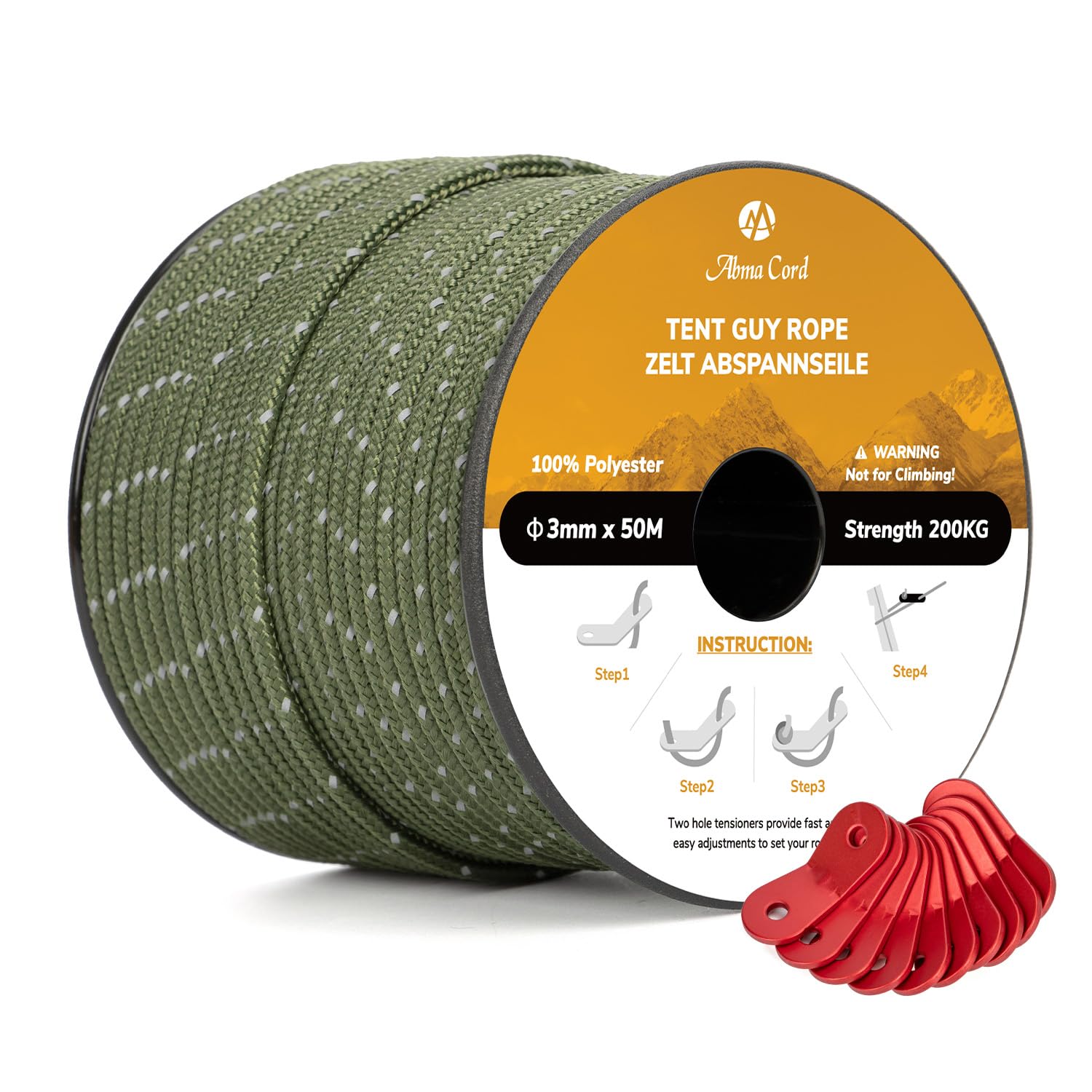 Abma Cord Tent Guy Ropes 3mm 50M Guy Line 10 Pcs Guy Rope Tensioners Heavy Duty Guide Rope for Camping, Gazebos, Awning, Tarp - Reflective Army Green