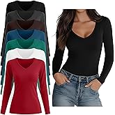 Sweetyweee 7 Pack Women's V Neck T Shirts Long Sleeve Tee Shirts Slim Casual Multi Pack Fitted Fall Going Out Basic Tops