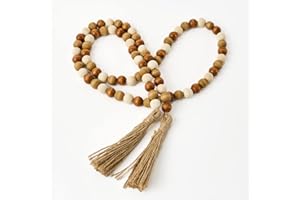 OMISHE 59in Wood Bead Garland with Tassels, Wooden Beads Garland, Decorative Beads Garland Decor, Farmhouse Beads Garland for Wall Hanging Home Festival Decor, Brown and Beige