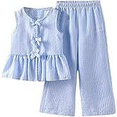 Verdusa Girl's 2 Piece Striped Outfits Bow Knot Ruffle Peplum Tank Top and Wide Leg Pants Set