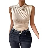 SweatyRocks Women's Ruched Wrap Mock Neck Tank Tops Casual Sleeveless Solid Slim Fit Tank Top