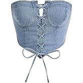 OYOANGLE Women's Denim Tie Front Tube Tops Asymmetrical Hem Slim Fit Strapless Jean Bandeau Crop Top