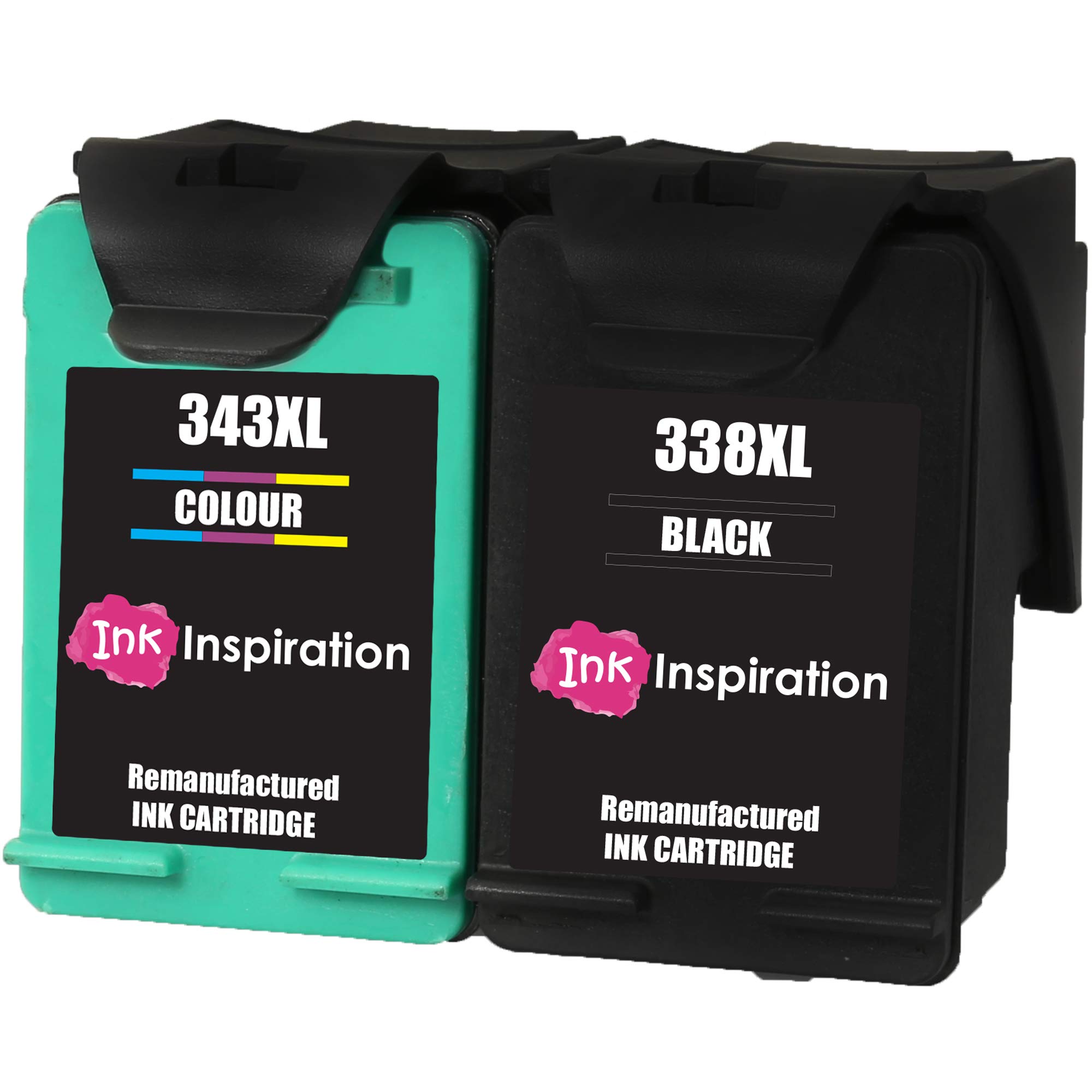 Ink Inspiration® 2 Remanufactured Ink Cartridges Replacement for HP 338 343 Photosmart 2575 2610 2710 8150 8450 8750 C3180 DeskJet 460c 6540 6620 9800 PSC 1610 2355 Officejet 100 150 6210 H470
