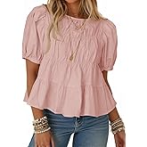 Tankaneo Womens Puff Sleeve Peplum Babydoll Tops Summer Smoked Pleated Cotton T-Shirts Casual Loose Fit Flowy Blouse