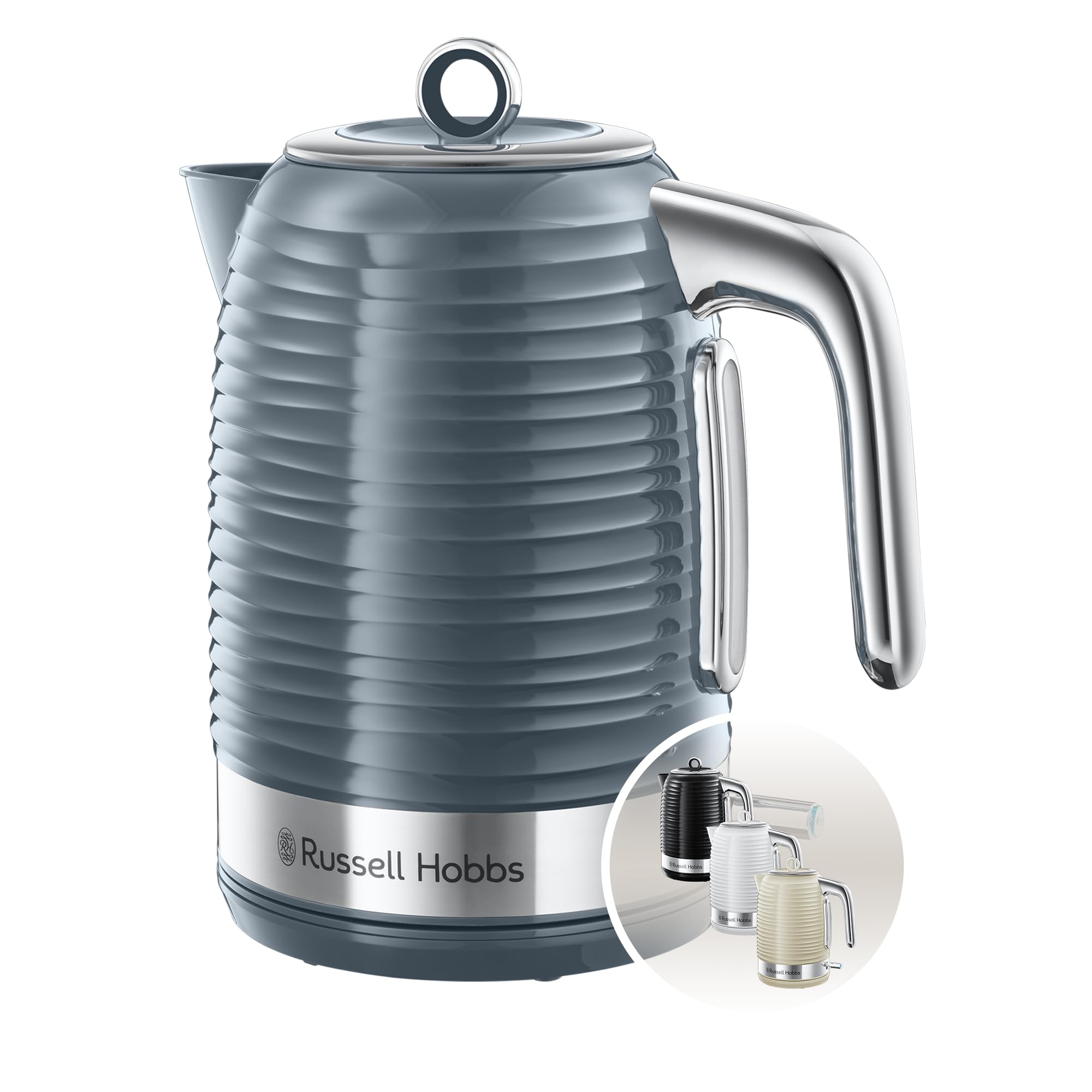 Russell Hobbs Inspire Electric 1.7L Cordless Kettle (Fast Boil 3KW, Grey premium textured plastic, high gloss finish, Removable washable anti-scale filter, Pull off lid, Perfect pour spout) 24363