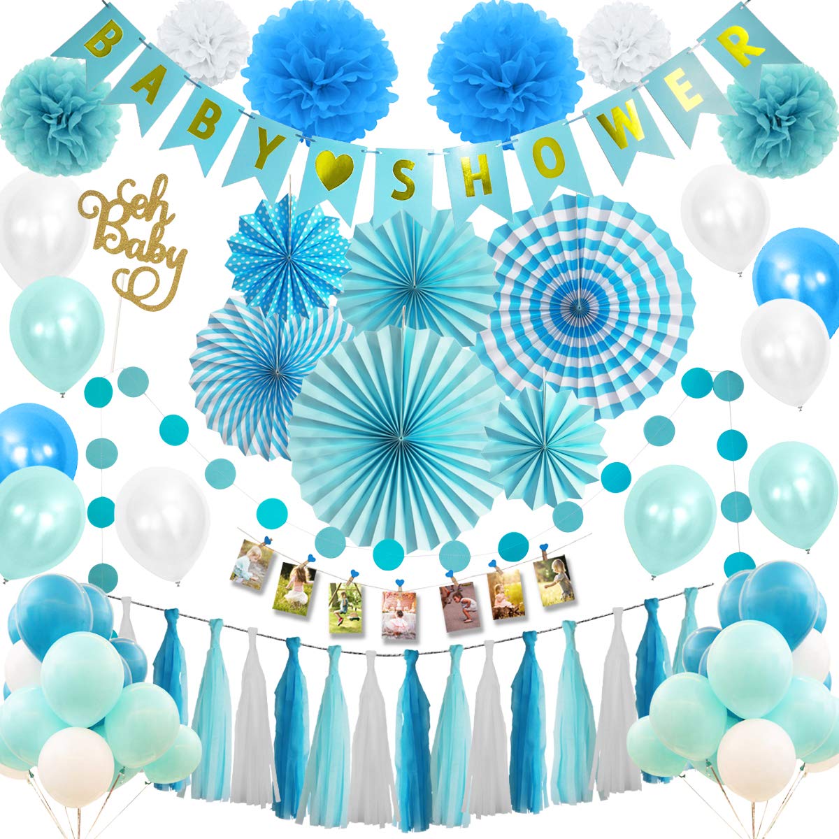 Musebits Birthday Party Decorations Essential 100Pcs, Including Cake Topper, Photo Clips, Paper Fans, Pom Poms Flowers, Birthday Banner, Tissue, Paper Garland, Balloons (Blue#Baby Shower)