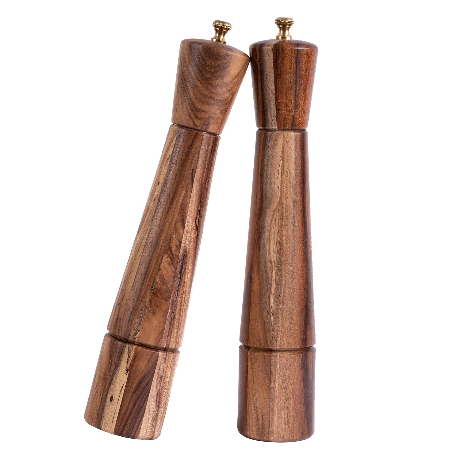 DeroTeno Salt and Pepper Mill Set, Adjustable Ceramic Grinder Salt Mill, Stainless Steel Grinder Pepper Mill, Acacia Wood, 32 cm Height, Bottom Dia 6 cm (Tray is NOT Included)