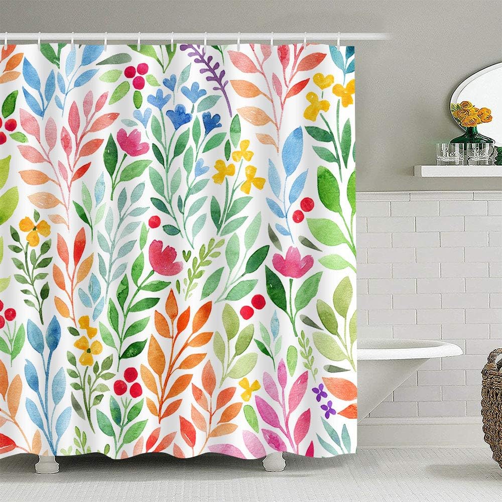 Colorful Plants Shower Curtain Watercolor Leaves Flowers Natural Pattern Illustration Style for Art Home Improvement Decor 72x72 inches Waterproof Polyester LYEA677-72