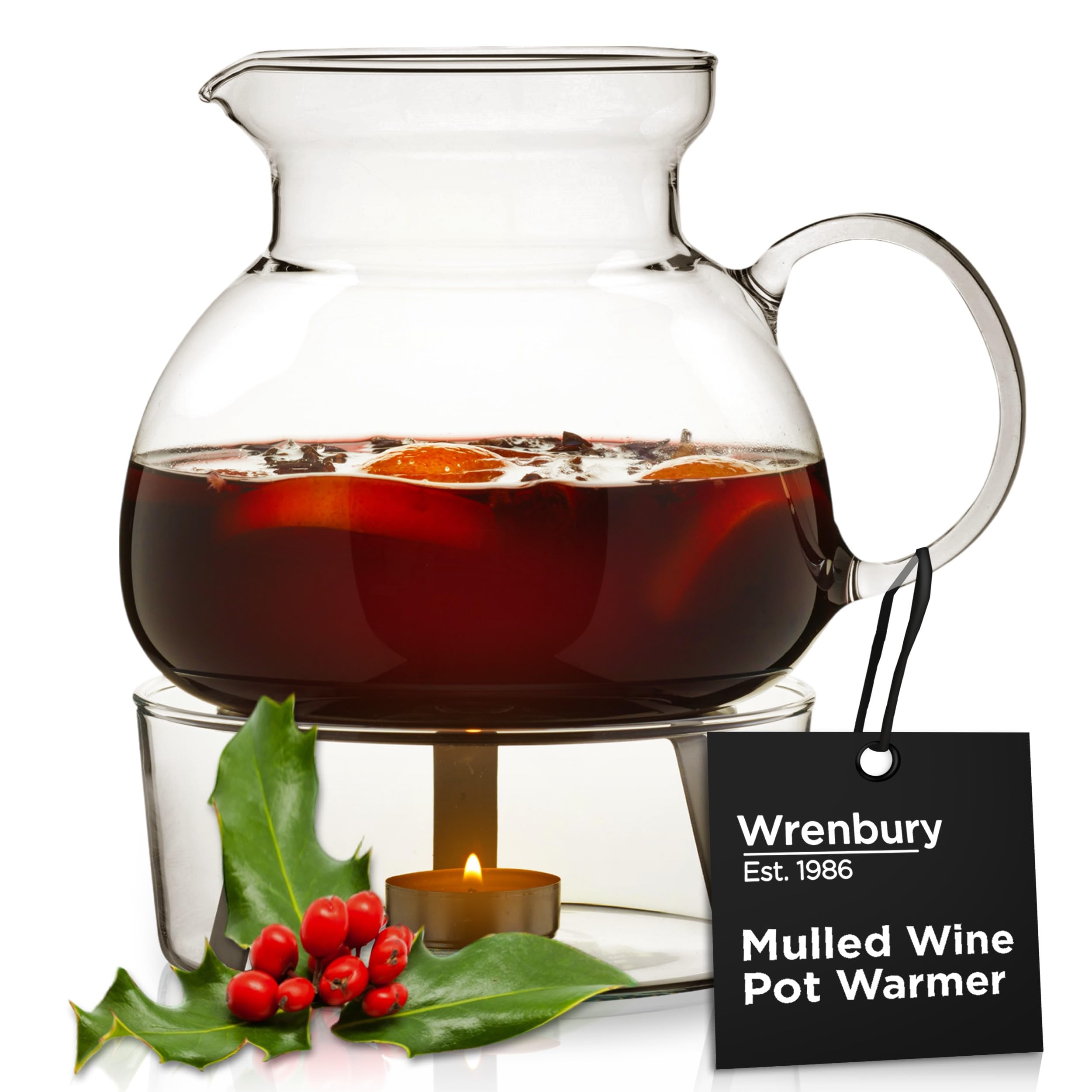 Wrenbury Mulled Wine Warmer Pot Set 1.5L Great for Punch and Cider - Heat Resistant Borosilicate Glass Mulled Wine Decanter Jug Urn - Warmer Stand Heater