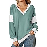 MAOECO Womens Color Block Oversized Sweatshirt V Neck Long Sleeve Shirts Casual Loose Pullover Tops