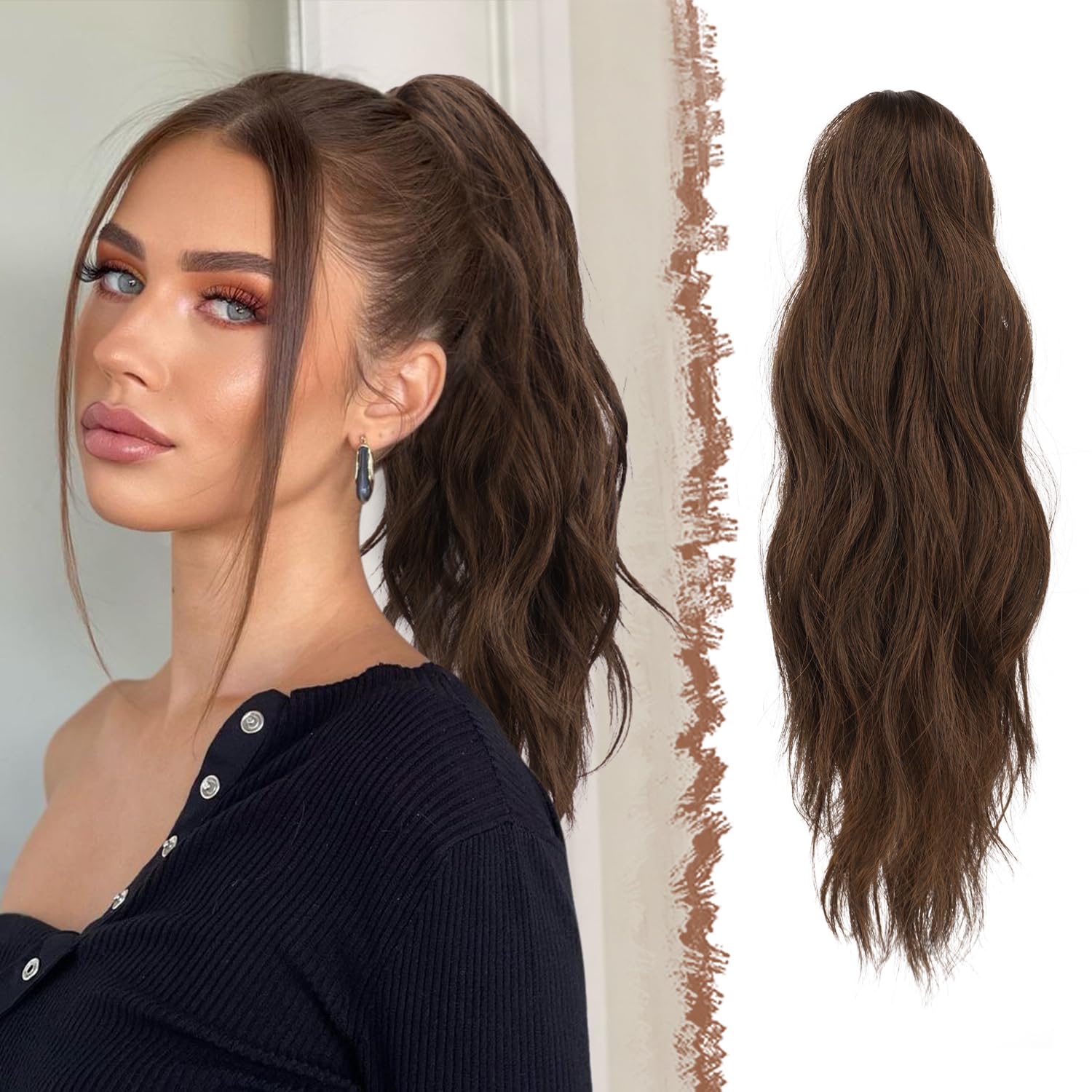 FESHFEN Ponytail Extensions - Long Claw Clip in Ponytail Hairpiece Synthetic Brown Mixed Light Auburn Pony Tails Hair Piece with Claw Clip Natural Wavy Hairpieces for Women, 20 inch — image 1