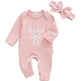 PUHHAPIEY Newborn Baby Girl Coming Going Home Clothes She's Here Bow Embroidery Knit Romper Onesie Fall Winter Outfit