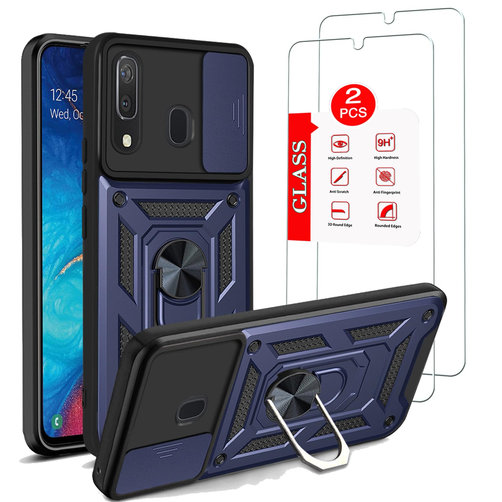Anvzle for Samsung Galaxy A20/Galaxy A30/Galaxy A50 Case with [2 Pack] Tempered Glass Screen Protector, [Military-Grade] Protective，with Lens Protects Magnetic Kickstand Car Mount Holder Case Blue