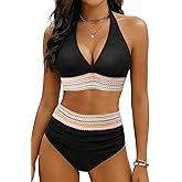 Women Tummy Control Two Piece Swimsuit - High Waisted Bathing Suit Halter Bikini Set Push Up Swimwear 2025