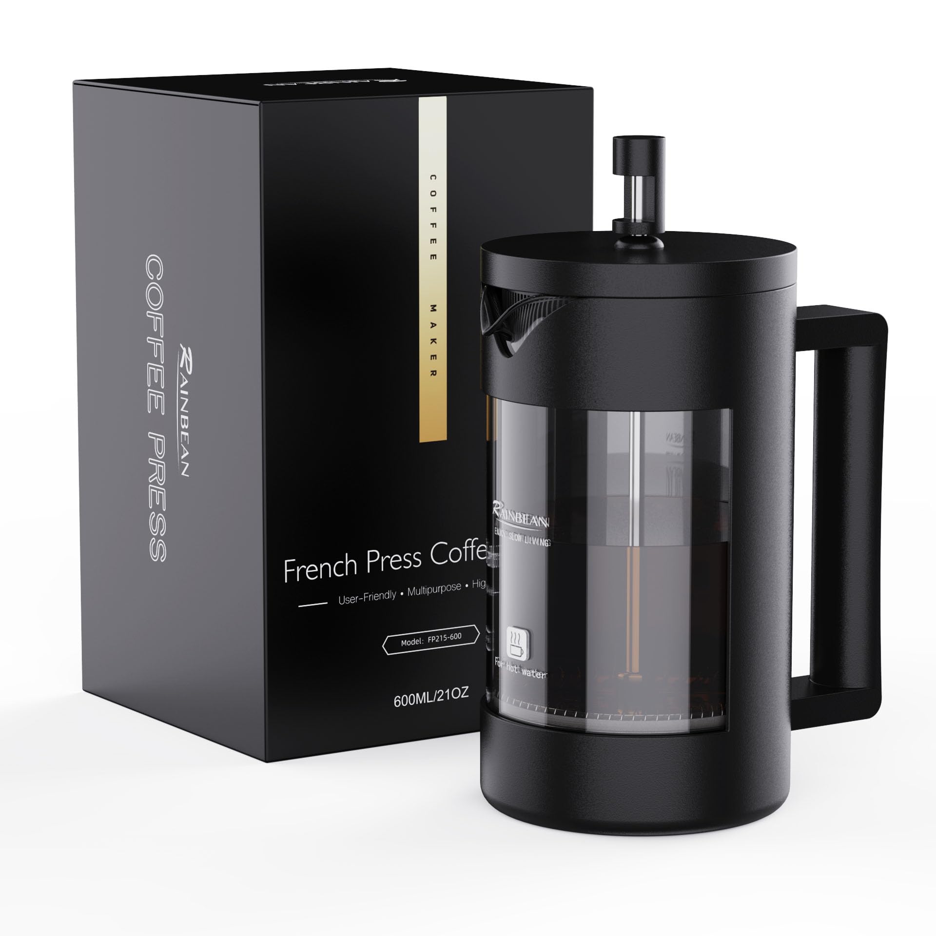 RAINBEAN Cafetiere Coffee Press 4 Cups/600ml, Glass French Press Coffee Maker - 3 Level Filtration System, Heat Resistant Borosilicate Glass, Easy Clean, BPA Free