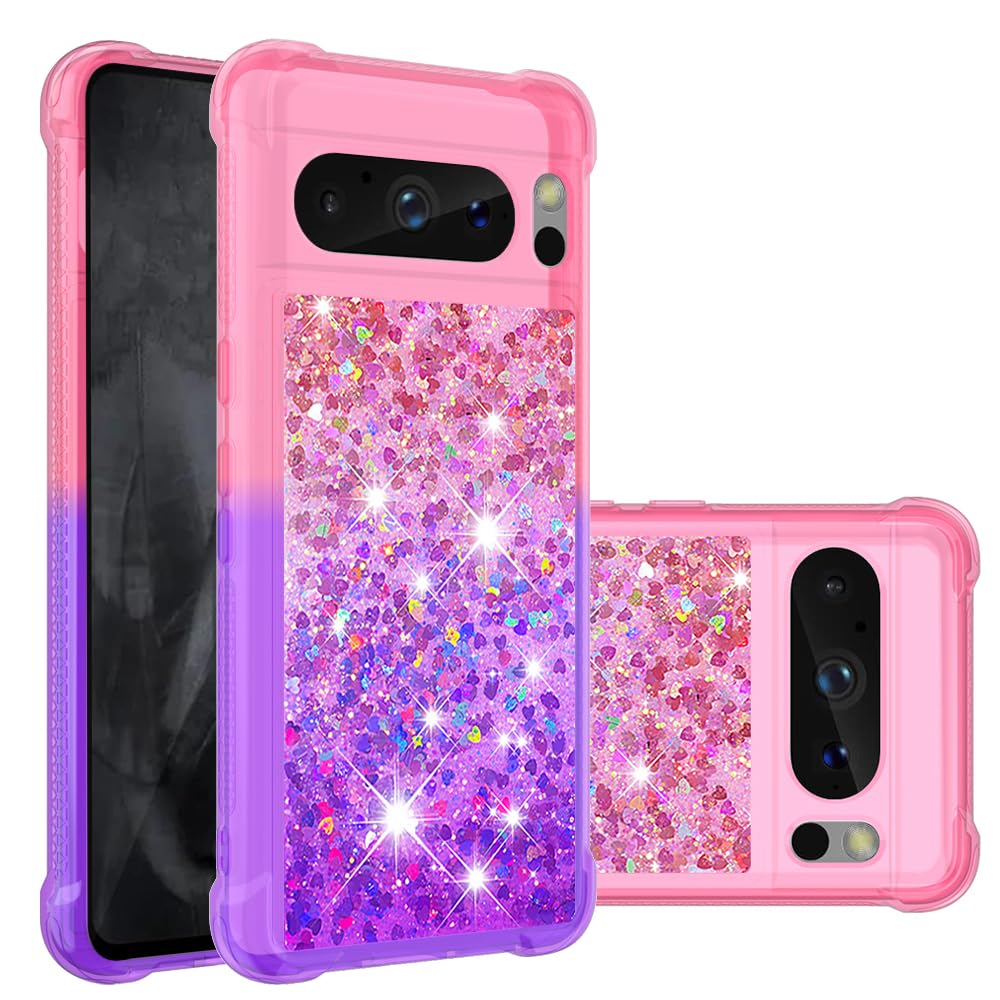 QIWEIQING Glitter Case Compatible for Google Pixel 8 Pro Phone Case TPU Shockproof Protective Cover for Google Pixel 8 Pro, Cover Glitter Liquid Case for Google Pixel 8 Pro.Pink Purple YBJ