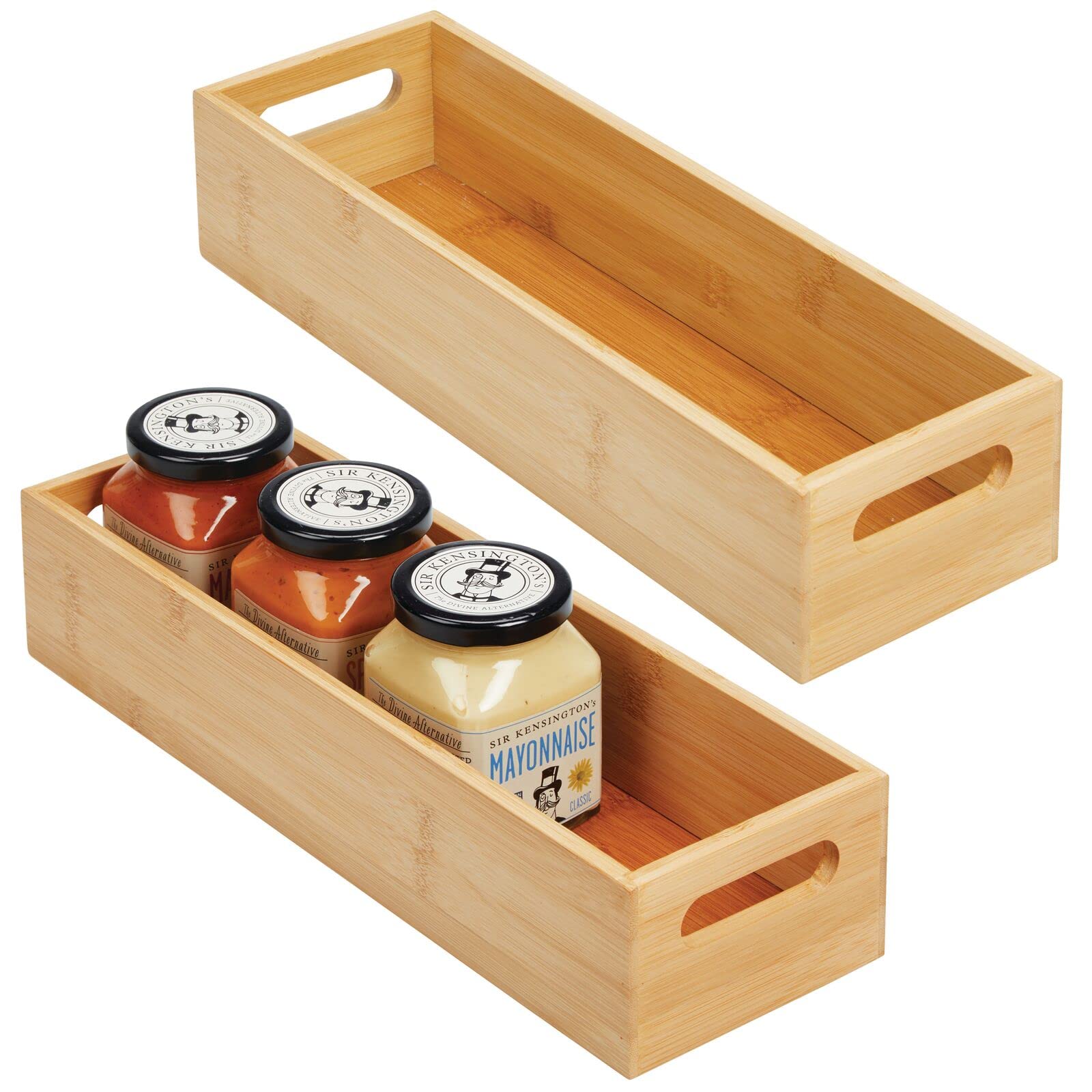 mDesign Set of 2 Kitchen Storage Box – Open-Top Bamboo Storage Tray with Handles – Ideal for Use as a Cupboard Organiser or on The Shelf – Natural