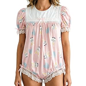 Langkee Haian Adult Baby Sissy Romper Pink Bunny Print Lace Trim Onesie | Puff Sleeves, Ribbon Bow Detail, Roleplay & Cosplay