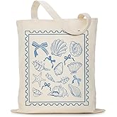Puuonnnnno Blue Seashells Stamp Canvas Tote Bag for Woman Lady Friends, Canvas Shoulder Bag Reusable Grocery Shopping Bag
