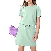 XMWEALTHY Girls Summer Outfits Skirt Set Casual Short Sleeve T-Shirt and Drawstring Skort with Pockets 2 Piece Clothing Sets