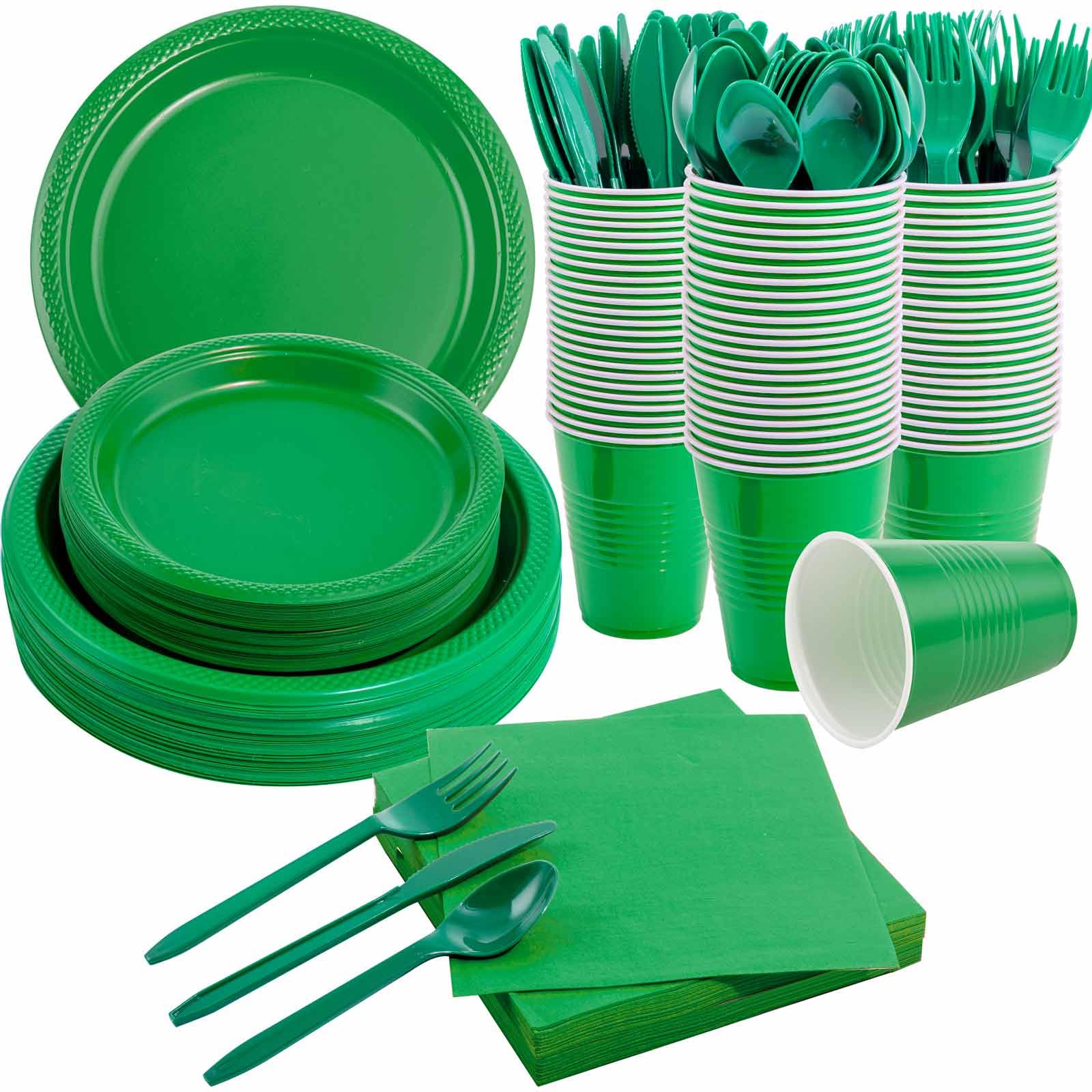 Photo 1 of MirthMood 350pcs Green Party Supplies, Disposable Plates Set, Including Green Plastic Plates and Napkins, Plastic Cutlery and 12OZ Cups, Serve 50 Guests