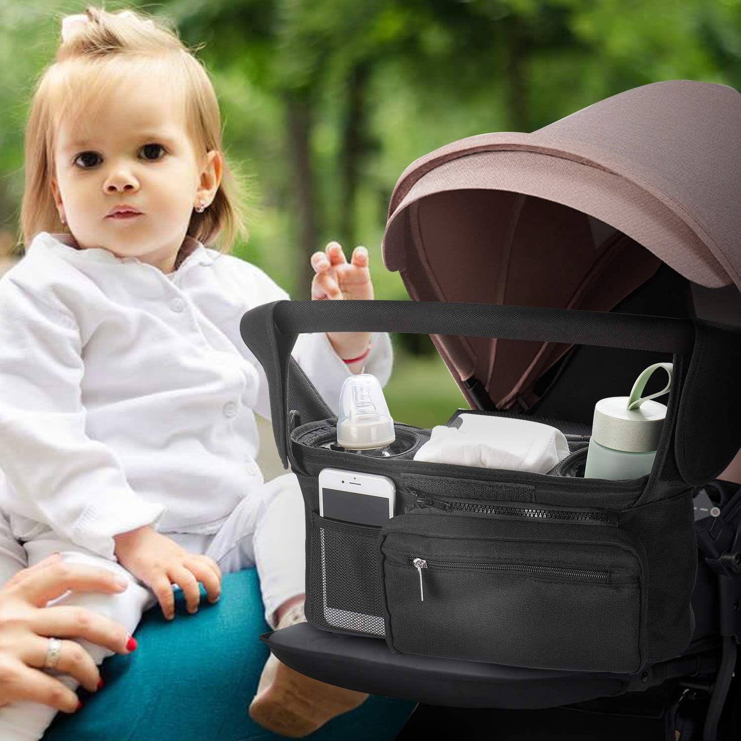 Universal Stroller Organizer with Insulated Cup Holder ，Detachable Phone Bag & Shoulder Strap, Fits for Stroller like Uppababy, Baby Jogger, Britax, Bugaboo, BOB, Umbrella and Pet Stroller: Home Improvement