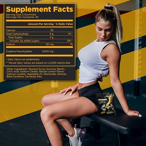 GYMMIES CREATINE MONOHYDRATE GUMMIES – MUSCLE GROWTH, PERFORMANCE, ENDURANCE – 5 GRAM CREATINE PER SERVING – VEGAN, NON-GMO, GLUTEN-FREE, MADE IN USA – 90CT – LEMON FLAVOR