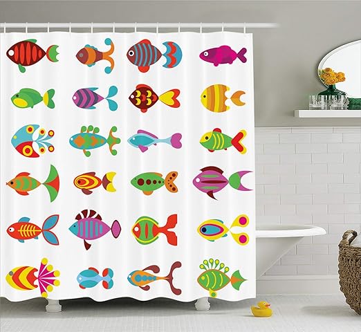Amazon Com Lunarable Fish Shower Curtain Baby Fish Crew In Colors With Funny Lines And Circles Childish Kids Theme Fauna Print Cloth Fabric Bathroom Decor Set With Hooks 105 Extra Wide Multicolor Home