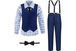 LOPEN STU Boys' Suit Kids Formal Tuxedo Suits for Boys Wedding Outfits Dress Vest Pants Suspenders Set Adjustable Waist