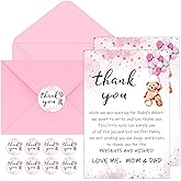 Kisston 50 Sets Bear Baby Shower Thank You Cards 4 x 6 Inch Bear Greeting Cards with 50 Envelopes and Stickers Gift Card for Baby Shower Gender Reveal Birthday Party Favor Supplies for Girl Boy(Pink)