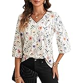 LYANER Women's Floral V Neck Pleated 3/4 Sleeve Loose Fit Dressy Casual Blouse Shirt Tops