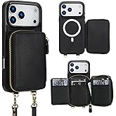 Bocasal for MagSafe Crossbody Wallet Case Compatible with iPhone 17 Pro Max, RFID Blocking Protective Purse Case with Card Slots Holder Kickstand Wrist Strap Lanyard Zipper 6.9 Inch 5G (Black)