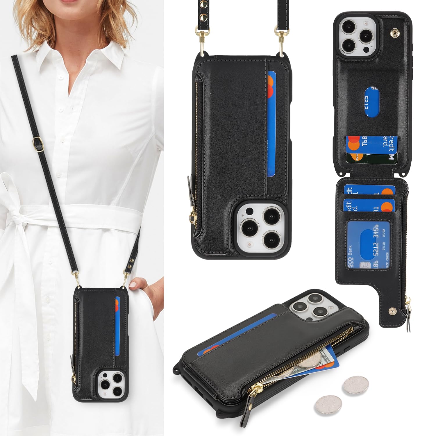 Cavor for iPhone 16 Pro Max Case with Card Holder,for iPhone 16 Pro Max Wallet Case for Women,Phone Case for 16 Pro Max Case with Strap,Crossbody Lanyard and Wristlet Zipper Pocket-Black